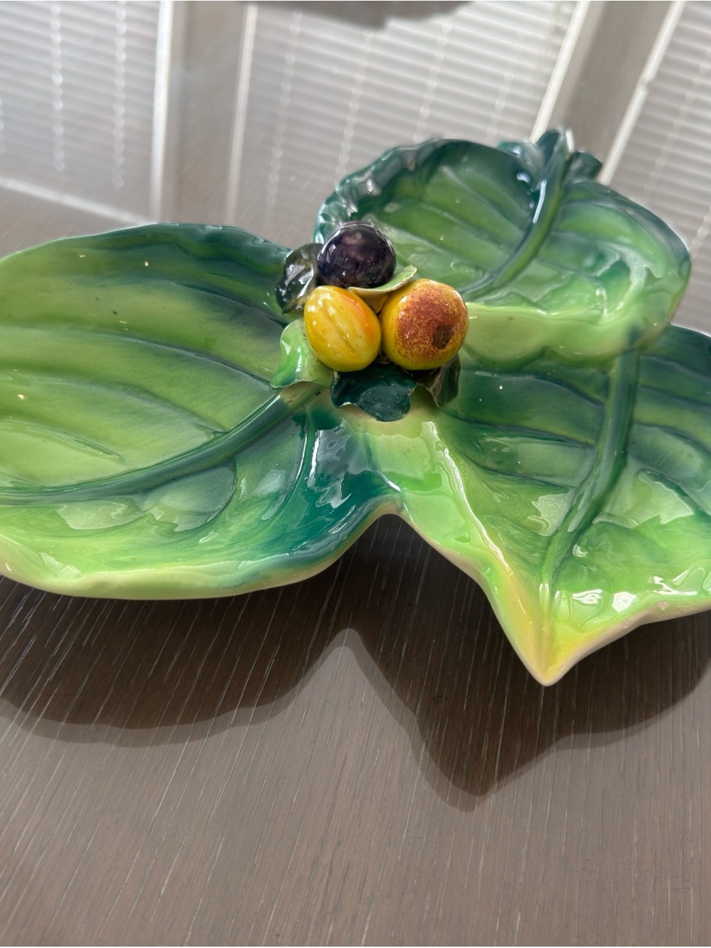 Green Ceramic Leaf Serving Dish with Decorative Fruit